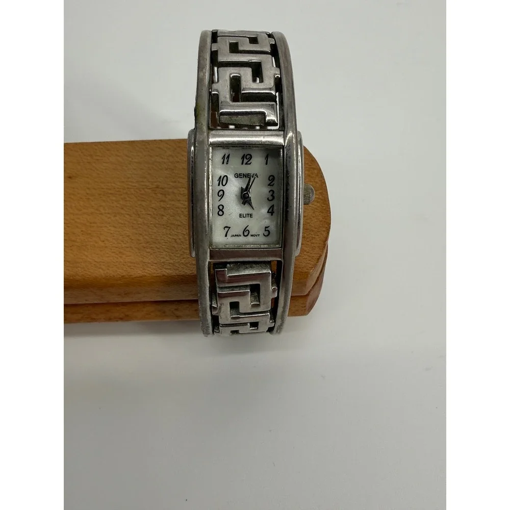 Geneva Elite 2pc Cuff Watch Set Silver Tone Greek Key Abstract Metal‎ Quartz